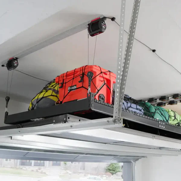 The 400lb Load 4' x 6' Feet Electric Garage Storage Lift by GarageSmart & SmarterHome When it is Loaded & Raised to the Garage Ceiling