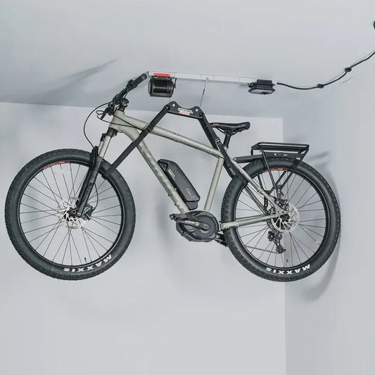 Full Shot of The Single Bike - Electric Garage Storage Motorized Pully Solo Bicycle Lift by GarageSmart & SmarterHome