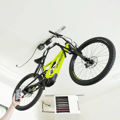 The Single Bike Electric Garage Storage Motorized Pully Solo Bicycle Lift is also Bluetooth Controlled via the by GarageSmart & SmarterHome Smart Phone App